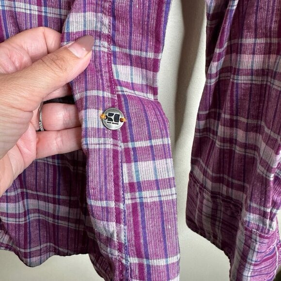 Hugo Boss Orange Linen Blend Plaid Button Up Shirt Purple Mens XL Western Preppy - Picture 10 of 15